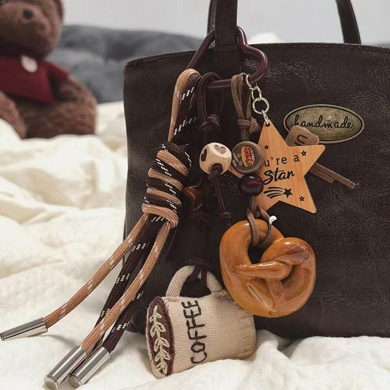 Y2K Korean Brown Cute Alkaline Bread Keychain  Braided Rope Keyring Bag Pendant Backpack Hanging Decoration Girl Gifts