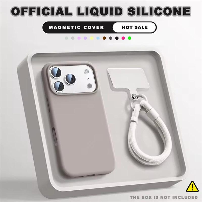 Чехол-бампер с ремешком на запястье и магнитом для iPhone 16E 14 15 Plus 12 13 16 17 Pro Max Air Magsafe Жидкий силикон Чехол-ремешок