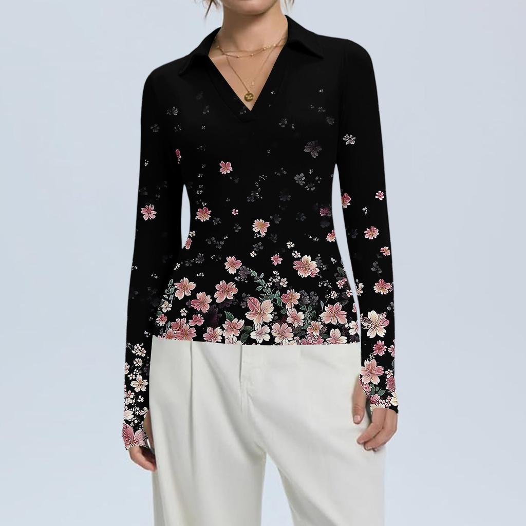 Женская Мода Повседневный Принт V-образный Вырез Длинный Рукав Застежка на Пуговицы Топ