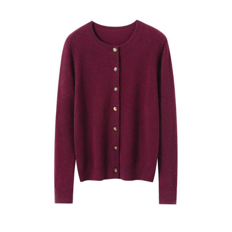 Women's 100% Pure Cashmere Round Neck Cardigan - Autumn/Winter Fashion Long Sleeve Knit Sweater Coat
