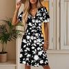 Женское повседневное модное платье с винтажным цветочным принтом и коротким рукавом и V-образным вырезом