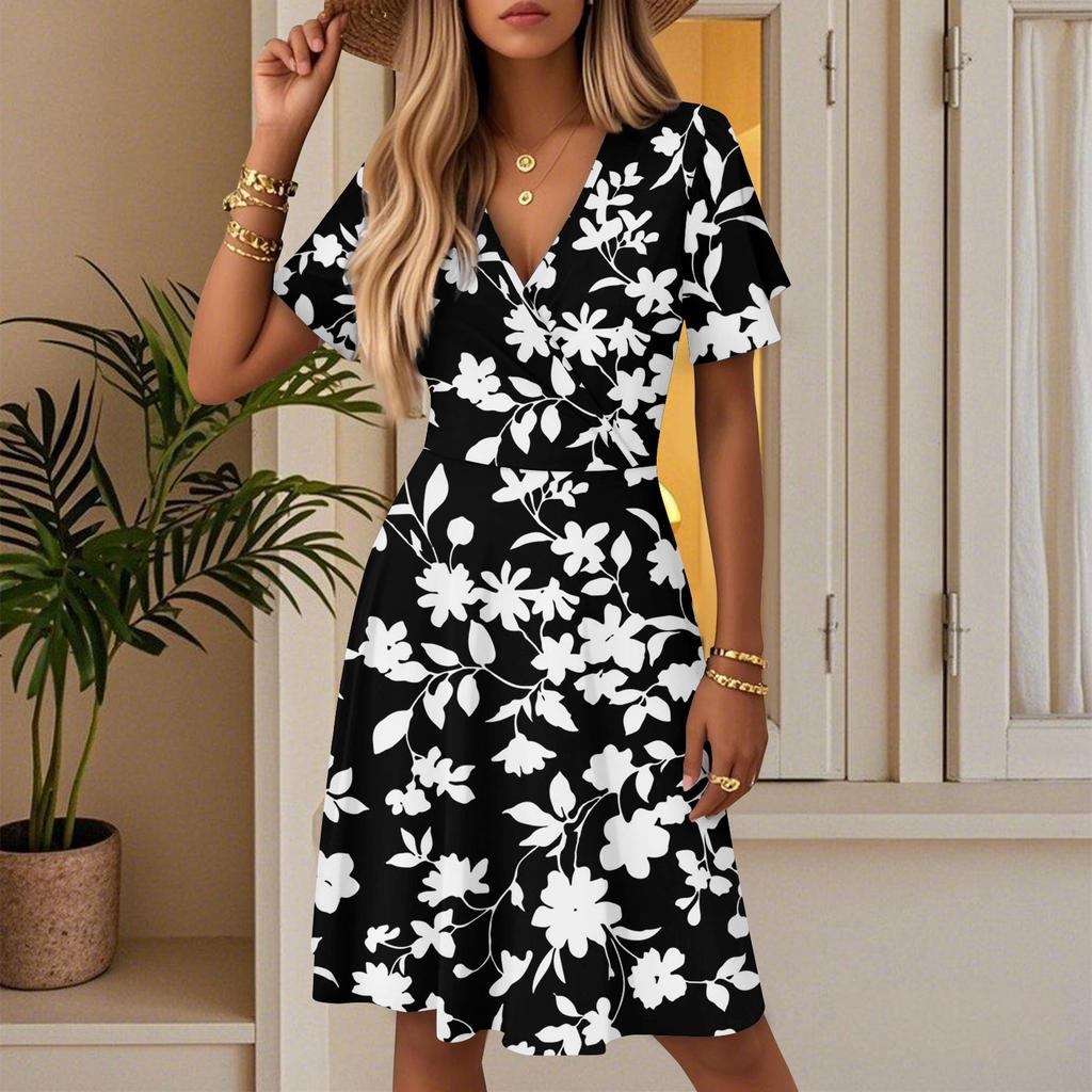 Женское повседневное модное платье с винтажным цветочным принтом и коротким рукавом и V-образным вырезом