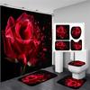 Red Rose Flowers Bathroom Curtains Black Fabric Shower Curtain Set Bath Mats Rugs Toilet Lid Cover Anti-Skid Carpet Home Decor