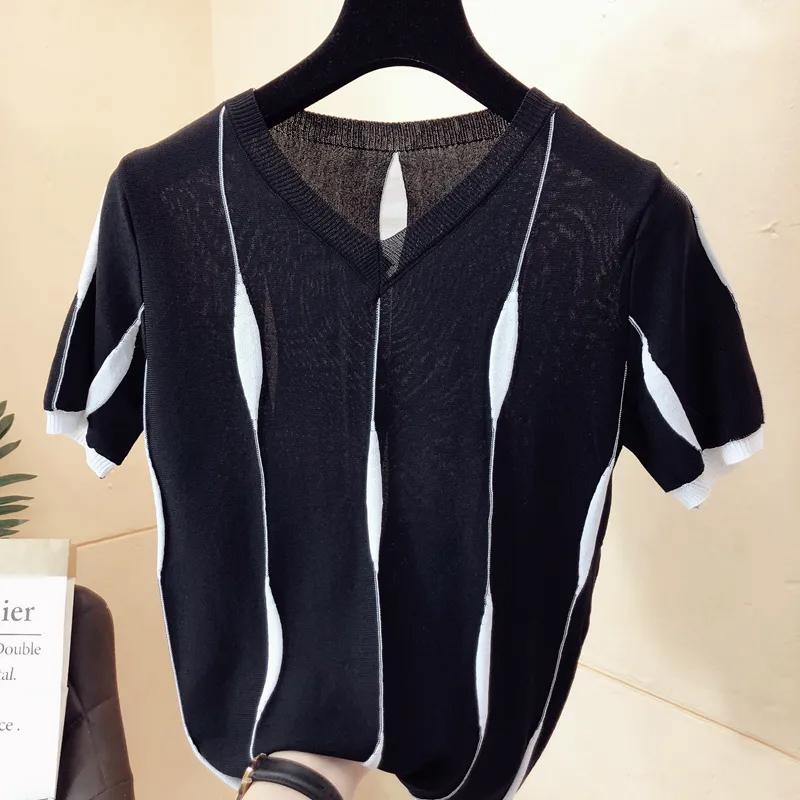 Ice Silk Short-sleeved T-shirt Women's Loose and Thin Summer Top Large Size Thin Bottoming Knitted Sweater