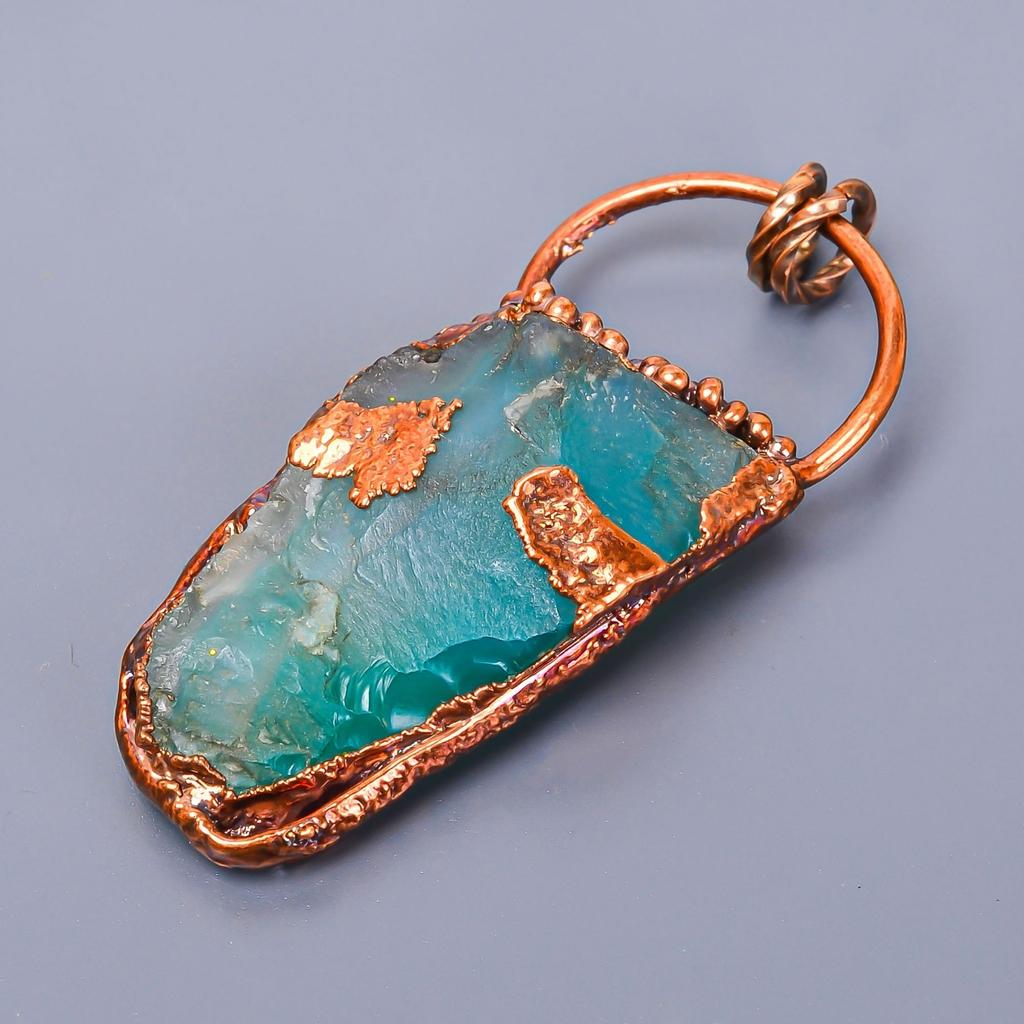 Зеленый Флюорит Необработанный Драгоценный Камень Медь Ар Деко Бохо День Рождения Новый Кулон Ювелирное Изделие V-4