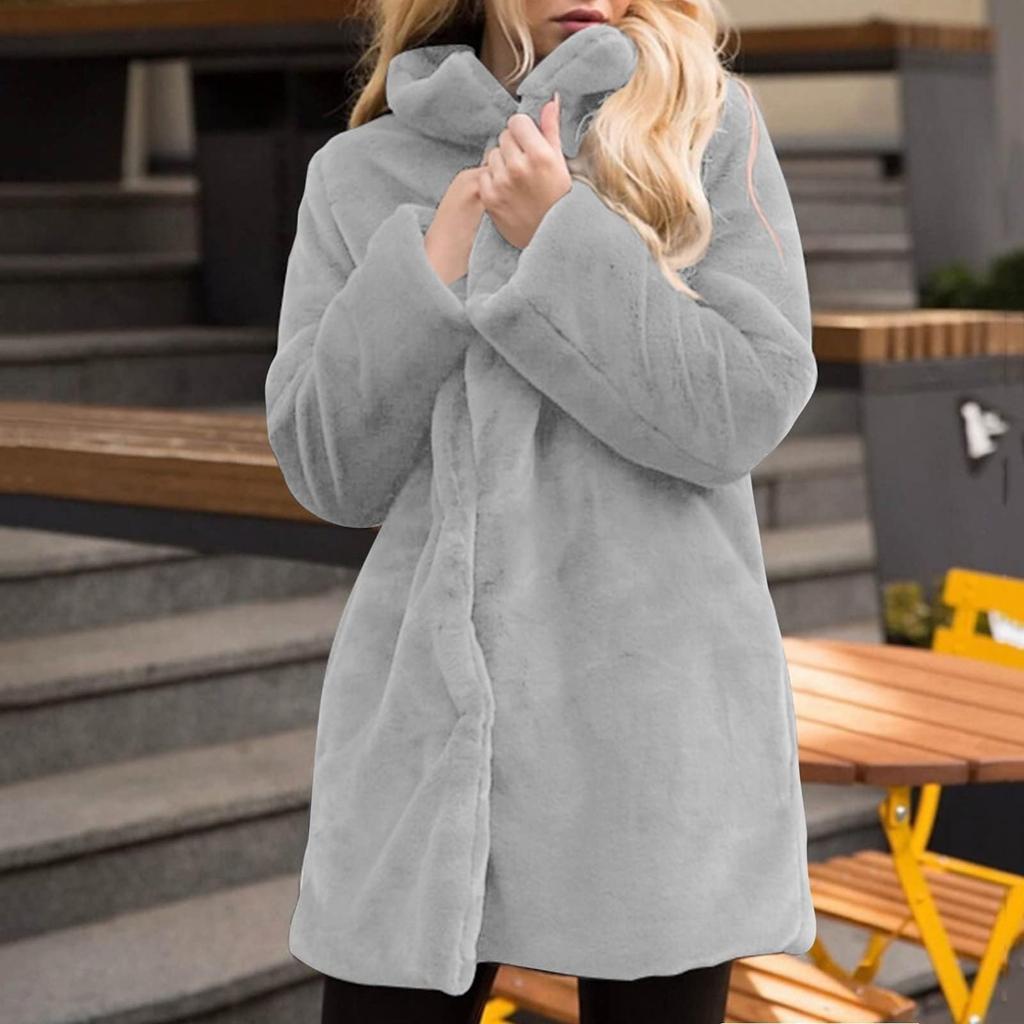 Women's Winter Faux Belt Pocket Plush Warm Jacket Notch Lapel Coat Outerwear Mid-Length