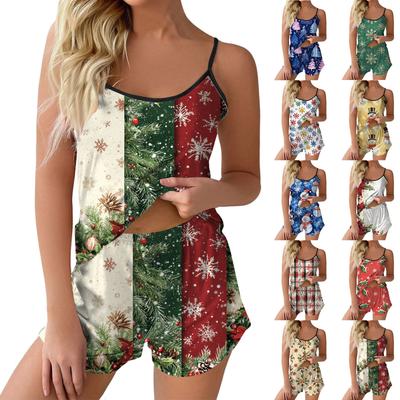 Женский модный рождественский комплект с принтом без рукавов, топ, шорты и пижама