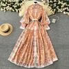 Spring Autumn Women Big Size Print Single Breasted Long Maxi Loose Seaside Holiday Beach Dresses with Belt