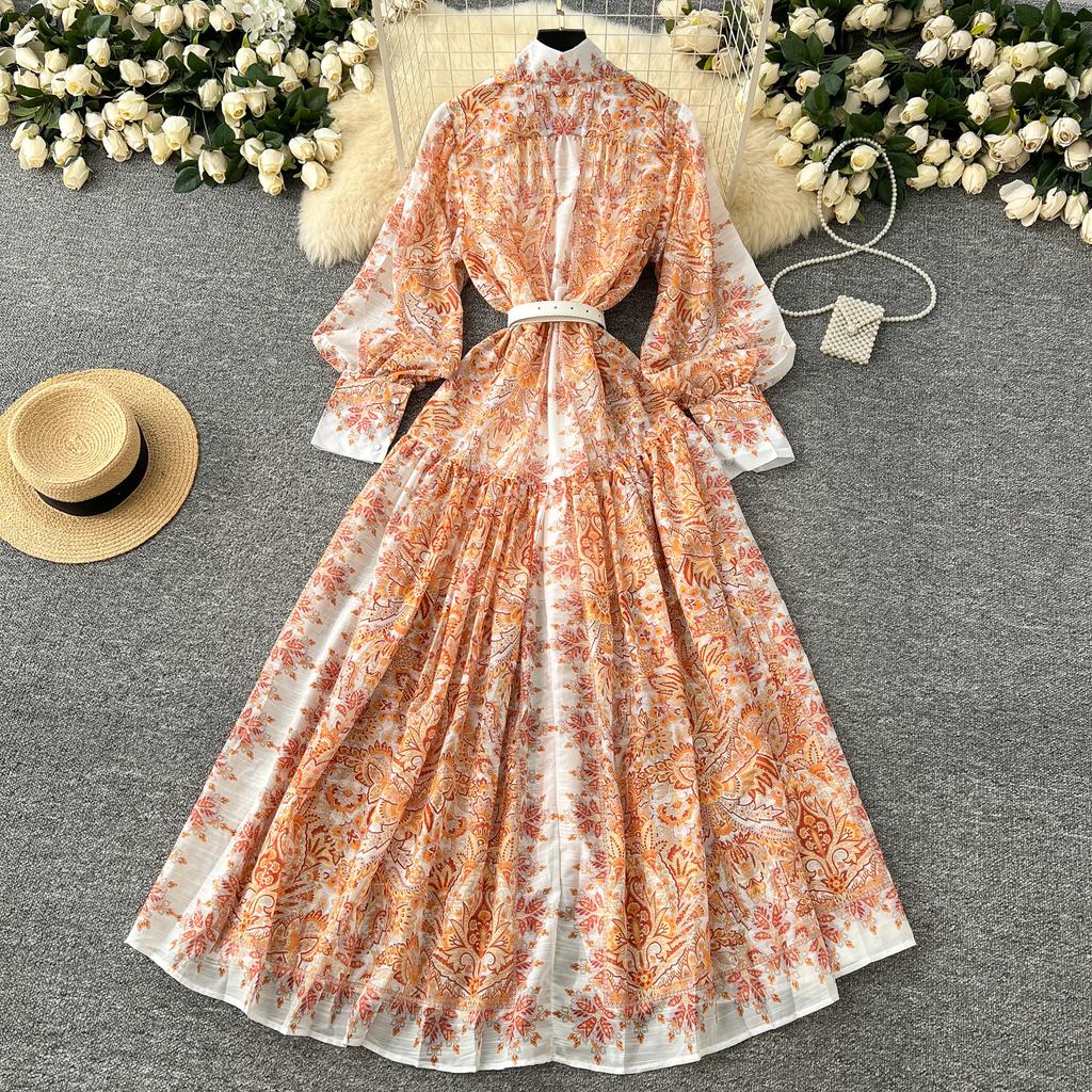 Spring Autumn Women Big Size Print Single Breasted Long Maxi Loose Seaside Holiday Beach Dresses with Belt