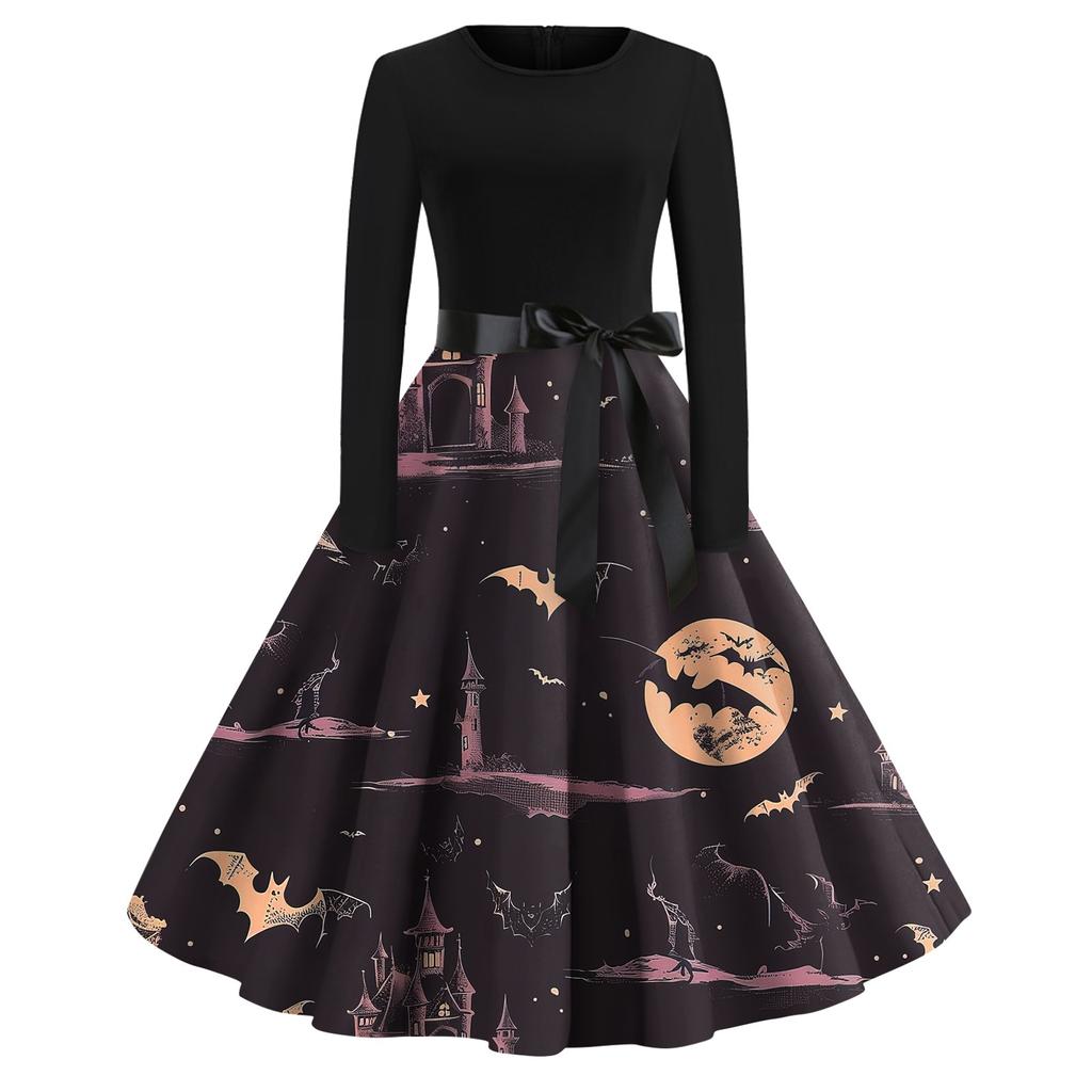 Платье-клеш с принтом на Хэллоуин для женщин с длинным рукавом, повседневные платья с круглым вырезом и ажурной отделкой
