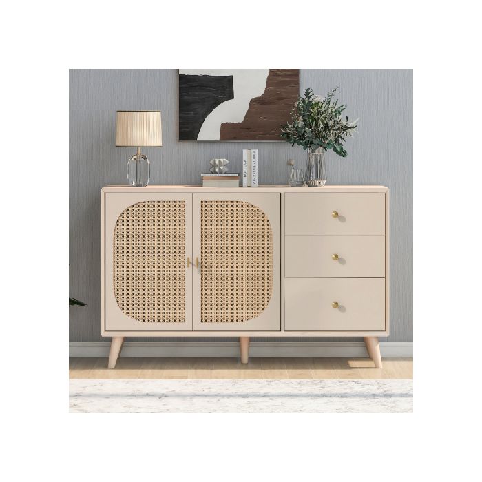 Buffet de rangement - MUVOE - Beige - Largeur 120 cm - Portes et tiroirs - Design moderne