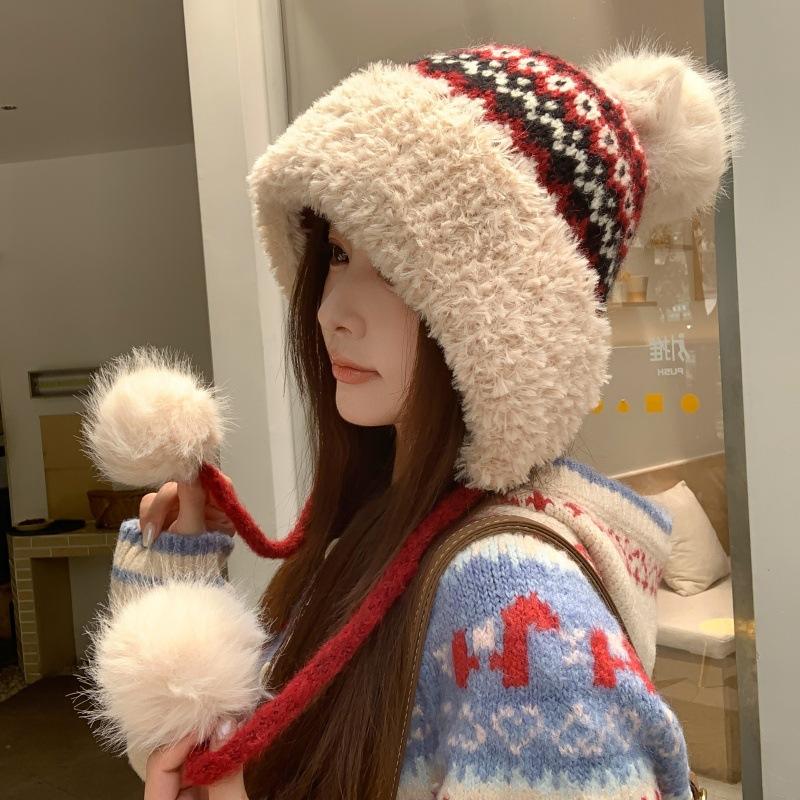 Autumn and winter new Fair Island knitted hat fashionable big head circumference fleece ear protector wool hat casual face small pullover hat