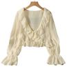 Chiffon Cardigan V-tie Lace-Up Lightweight Shirt Solid Color Ruffle Trim Summer Thin