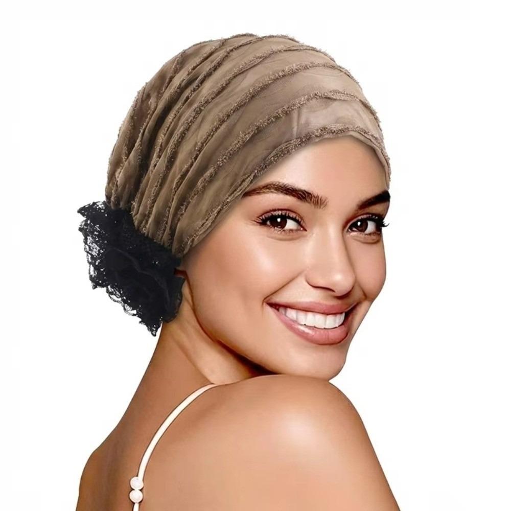Versatile Soft Lace Curling Hat Polyester Breathable Elastic Curly Hair Hat Solid Color Dome Mesh Lace Pullover Cap Headgear