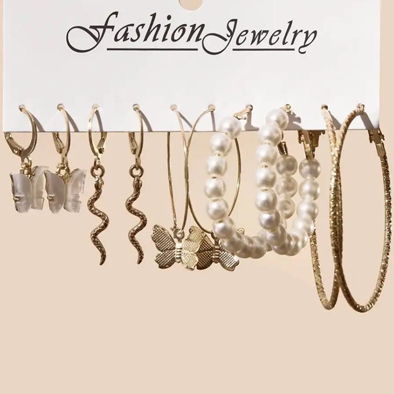 5 пар больших серебряных круглых сережек-колец с жемчугом для девочек, серьги-подвески в виде змеи и бабочки, комплект женских ювелирных изделий