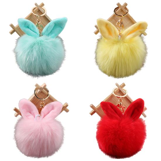 Cute Faux Fur Rabbit Ear Soft Pom Pom Ball Key Ring Chain Keychain Bag Decor