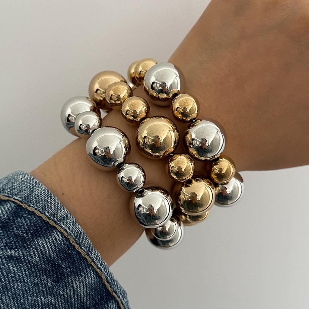 3PCS Punk Stretch Beads Bracelets Gold Sliver Color Stacked Ball Beaded Bracelet For Women Men Imitation Pearl Jewelry