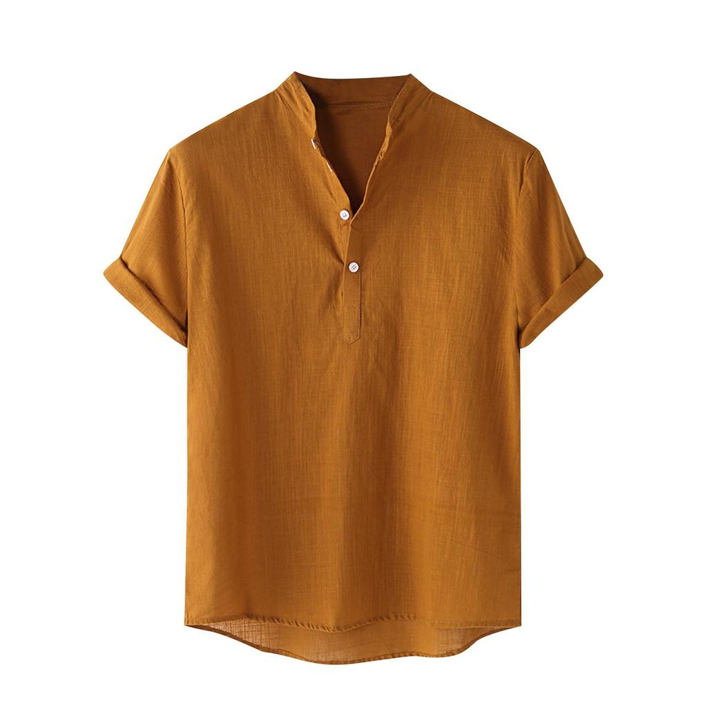 Men's Cotton Linen Shirt Regular Fit Short Sleeve V Neck Button Down Summer Shirt Beach T Shirts