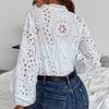 Women Shirt V-Neck Lantern Long Sleeve Single Breasted Shirt Tops Ruffle Details Hollow Design Casual