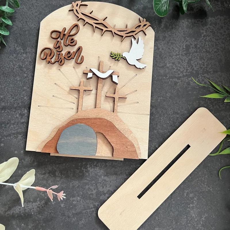 Easter "He Is Risen" Wooden Tomb Scene - Handcrafted Cross Tabletop Decor, Religious Resurrection Display For Home