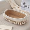 Boho Chic White/Khaki Rectangular Tassel Storage Basket Polyester Rope Organizer with Open Top for Living Room Bedroom Bathroom