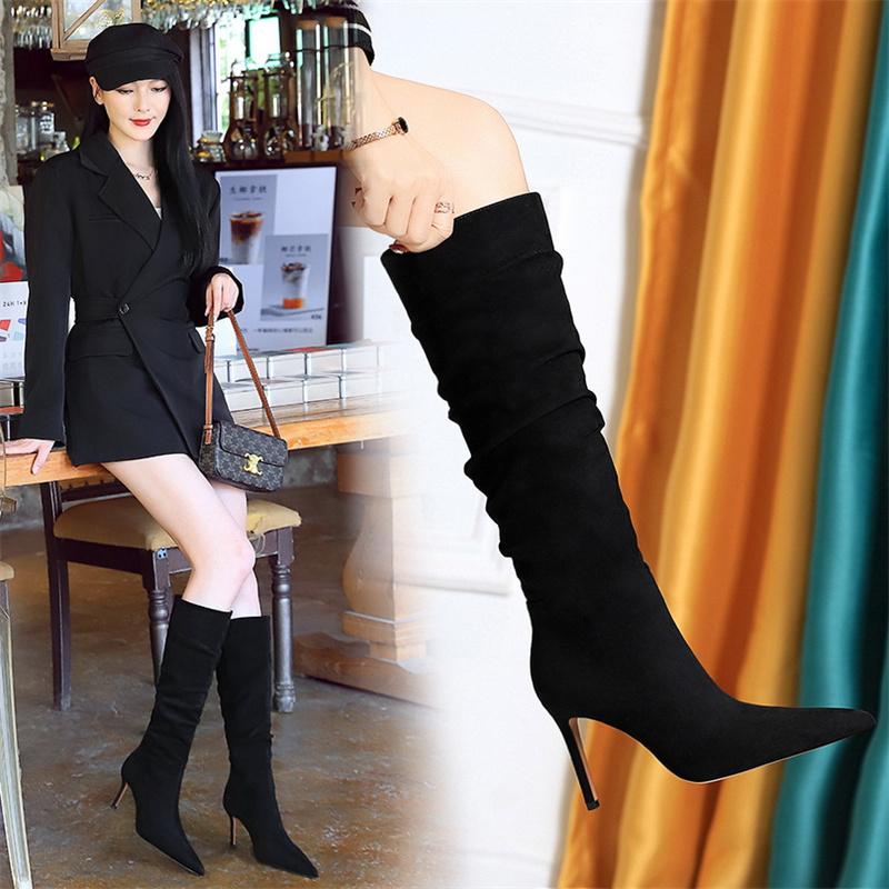 Мода Ретро Зима Женская Мода Простые Черные Сапоги Супер Высокий Каблук Тонкий Каблук Замша Сборки Острый Носок Банкет Длинный Сапог