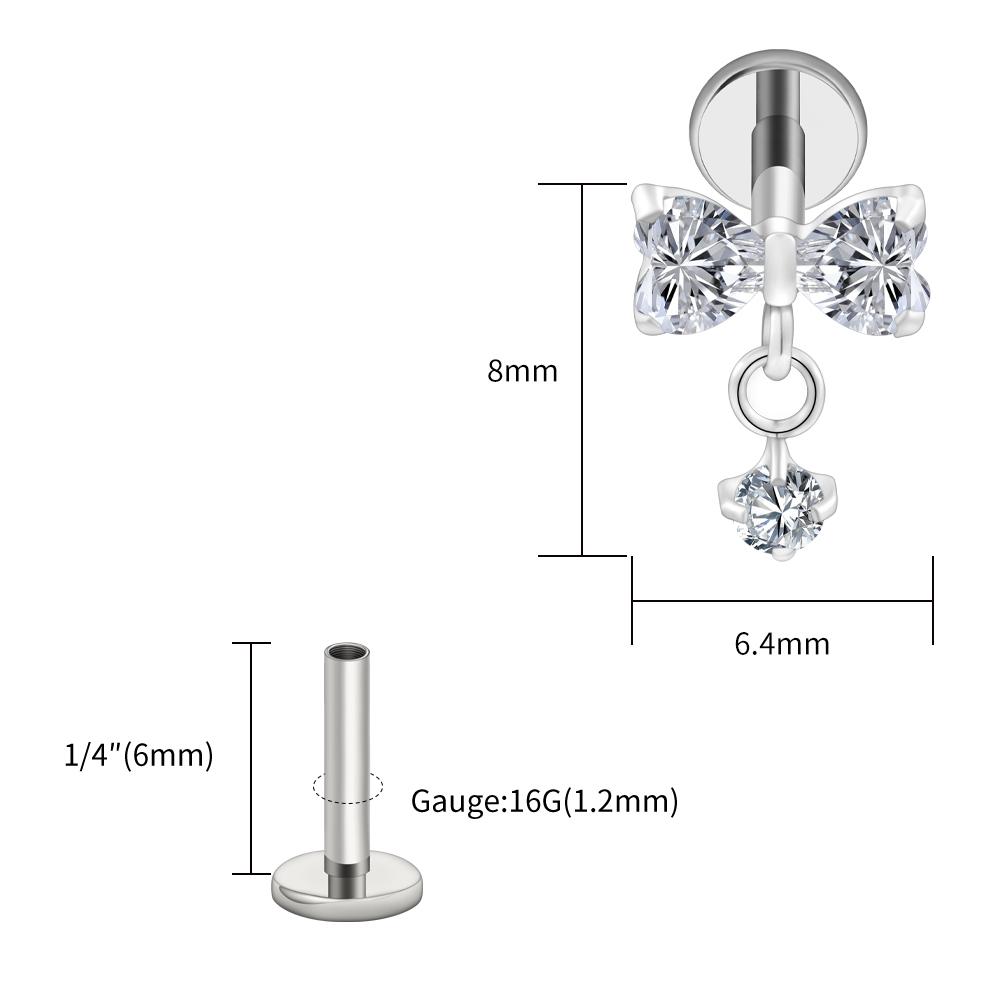 Right Grand ASTM F136 Titanium Bow Dangle CZ Piercing Labret Stud 16G Flat Back Helix Tragus Cartilage Earring Bridal Jewelry