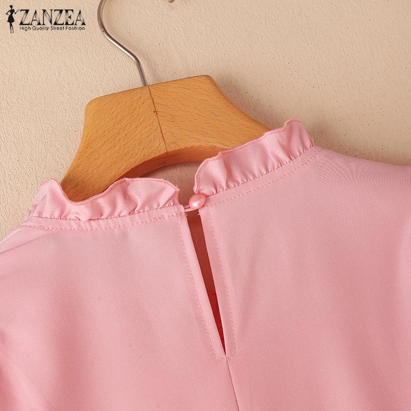 ZANZEA Женская повседневная однотонная свободная блузка с круглым вырезом и длинным рукавом