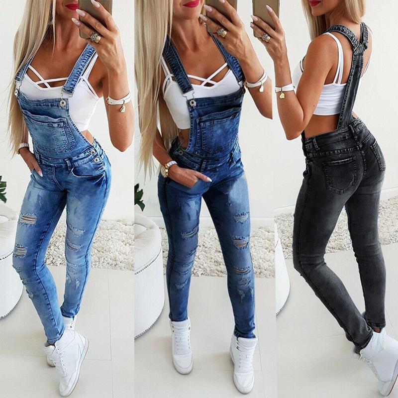 Womens Denim Overalls Jumpsuits and Rompers Skinny Slim Fit Jeans Long Jumpsuit Ripped Hole Pencil Pants Overalls