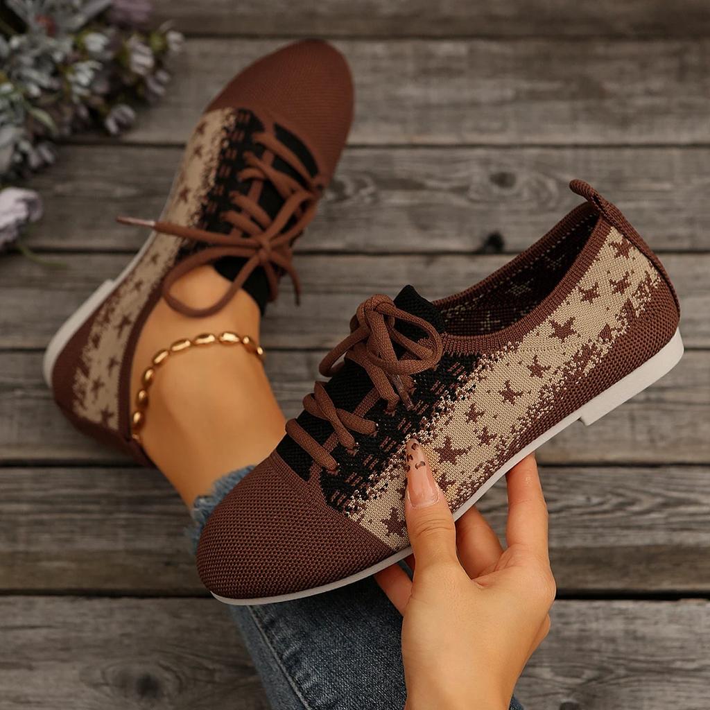 Women's Round Toe Flats Shoes Women Fashion Autumn Casual Lace-up Shoes Knitted Mesh Breathable Flat Shoes Woman Sneakers