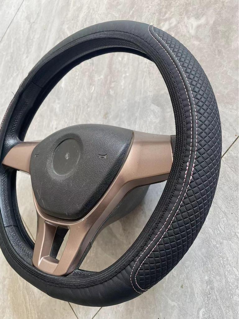 Leather Fiber Car Steering Wheel Cover: Double Circle Design, Elastic Band, Wear-Resistant, Embossed Auto Part.