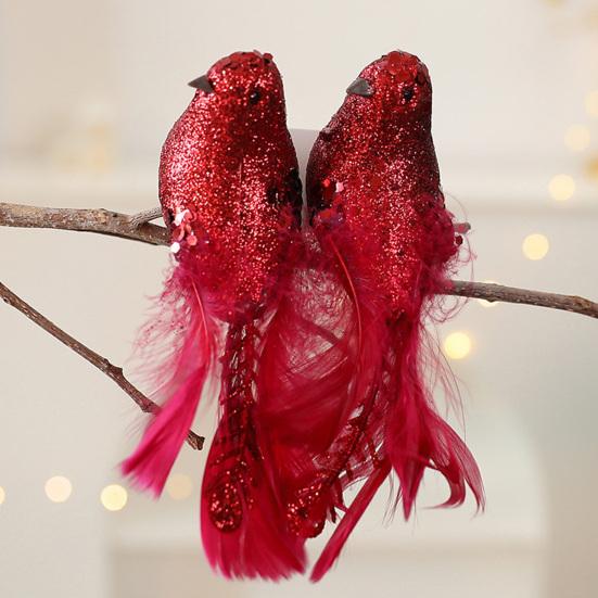 2 Pcs Artificial Simulation Birds Ornament Glitter Feathered Bird Christmas Tree Ornaments Clip Foam
