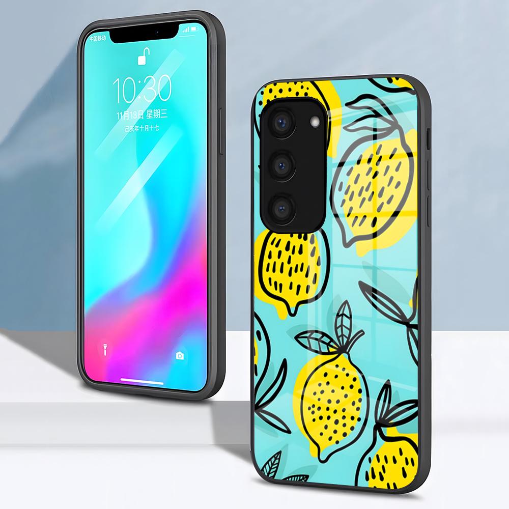 Фруктовый чехол-лимон для телефона Samsung S26 S25 S24 FE S23 S22 S21 Plus S20 Ultra Note20Ultra Черная стеклянная крышка