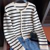 Korean Fashion Sweater Cardigan White Black Striped Knitted Sweater Women Winter Short Cardigan Long Sleeve Cardigan Female