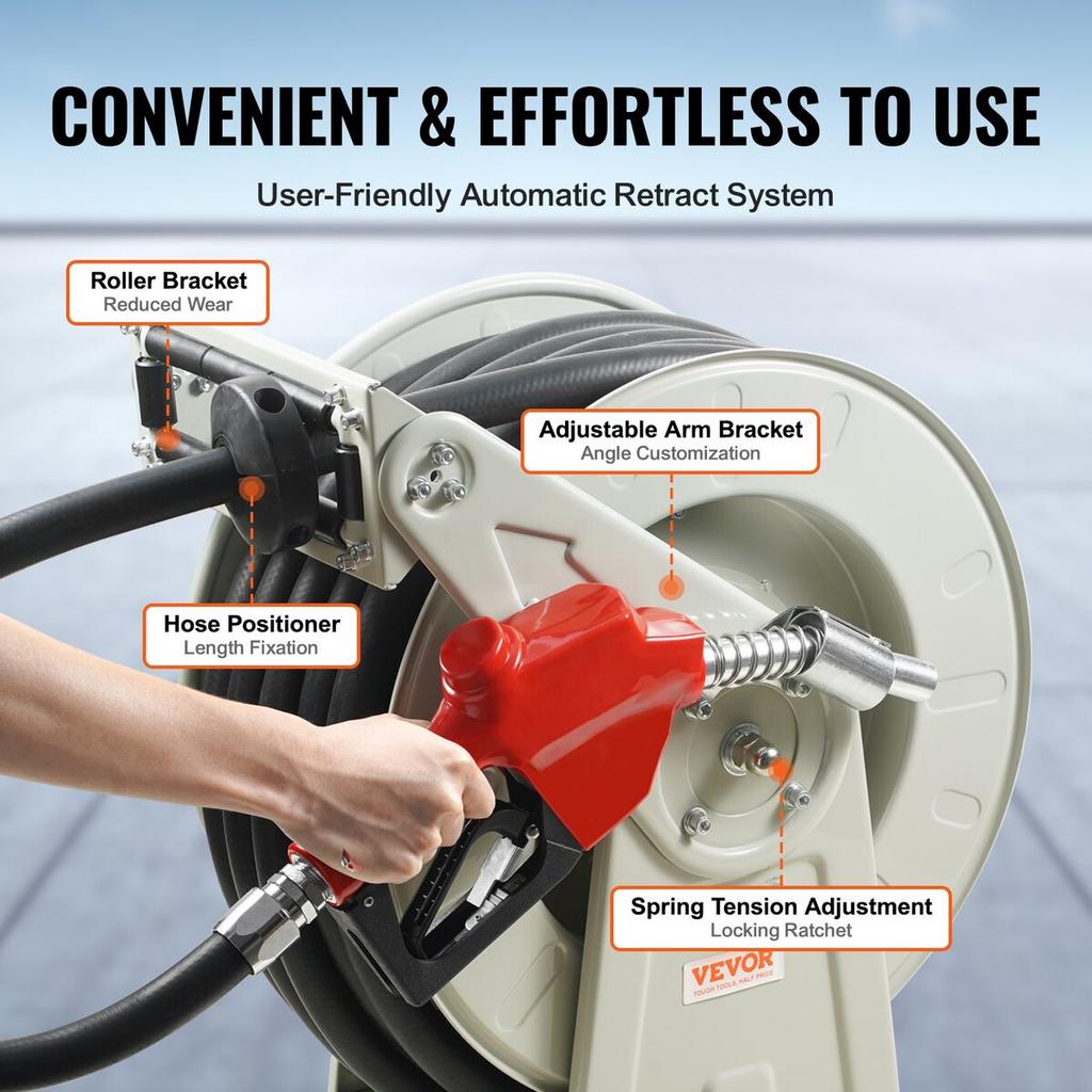 Fuel Hose Reel, 3/4" x 50', Extra Long Retractable Diesel Hose Reel, Heavy-Duty Carbon Steel Construction with Automatic Fuel Nozzle, NBR Rubber Hose