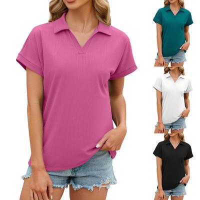 Женская однотонная футболка с короткими рукавами и лацканами, свободный топ для женщин