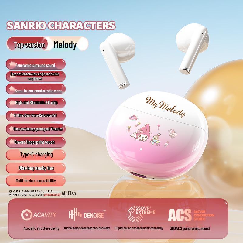 Bluetooth-наушники Sanrio PT18 – Сверхдлительное время работы от аккумулятора, Беспроводное шумоподавление, Супермилые спортивные наушники.