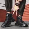 Fashion Winter Plus Velvet Outdoor Increased Sports NonSlipThe New Round Shape Shoes Men Leather Boots Black High Gang Platform Boots