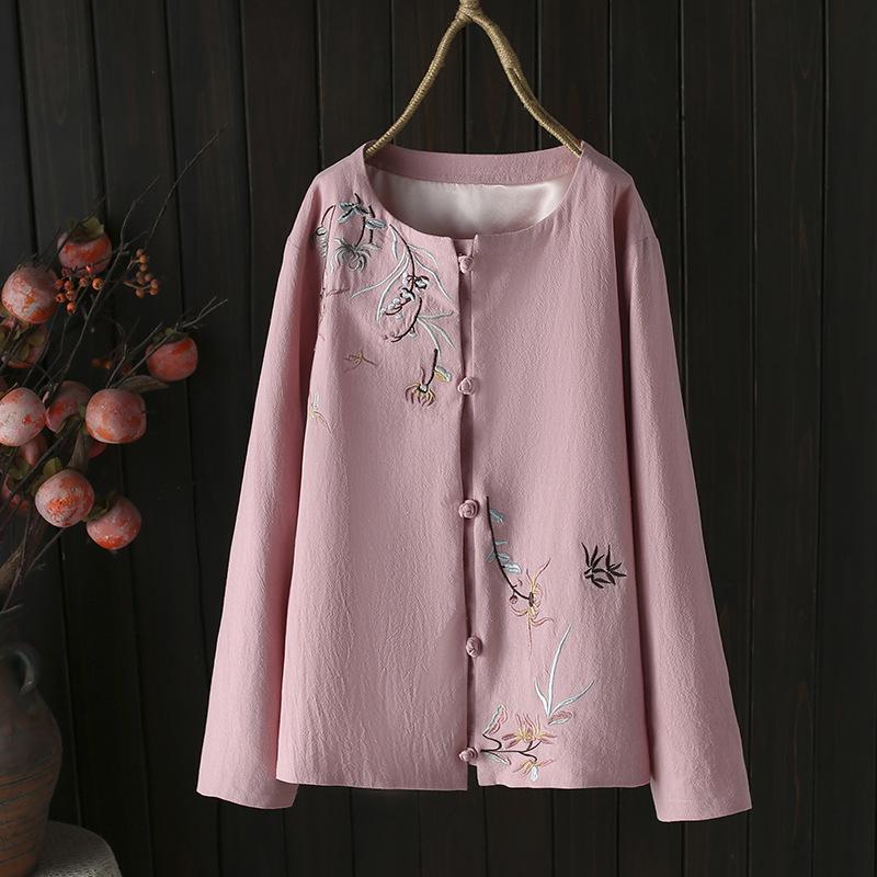 Тонкое пальто с вышивкой в китайском стиле с круглым вырезом, женская рубашка больших размеров с длинными рукавами на весну и осень
