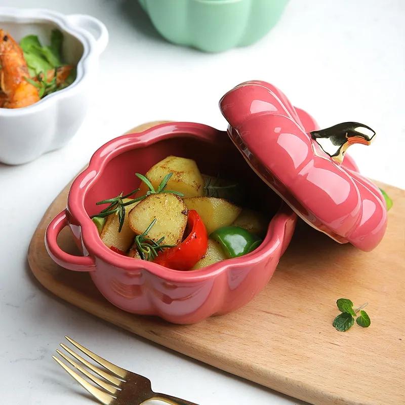Pumpkin Bowl Soup Cup with Lid Baking Bowl Ceramic Rice Bowl Baking Tableware Dessert Bowl Soup Bowl Ceramic Tableware