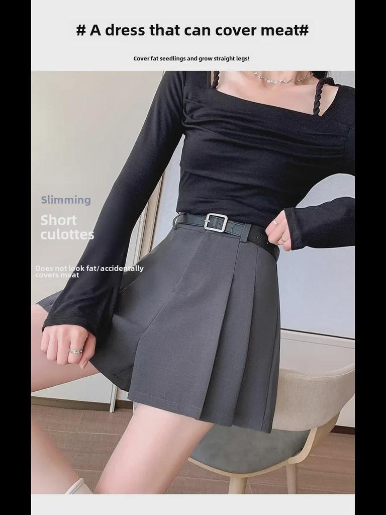 Женская летняя юбка-шорты 2024 года с высокой талией, серого цвета, с широкими штанинами и складками