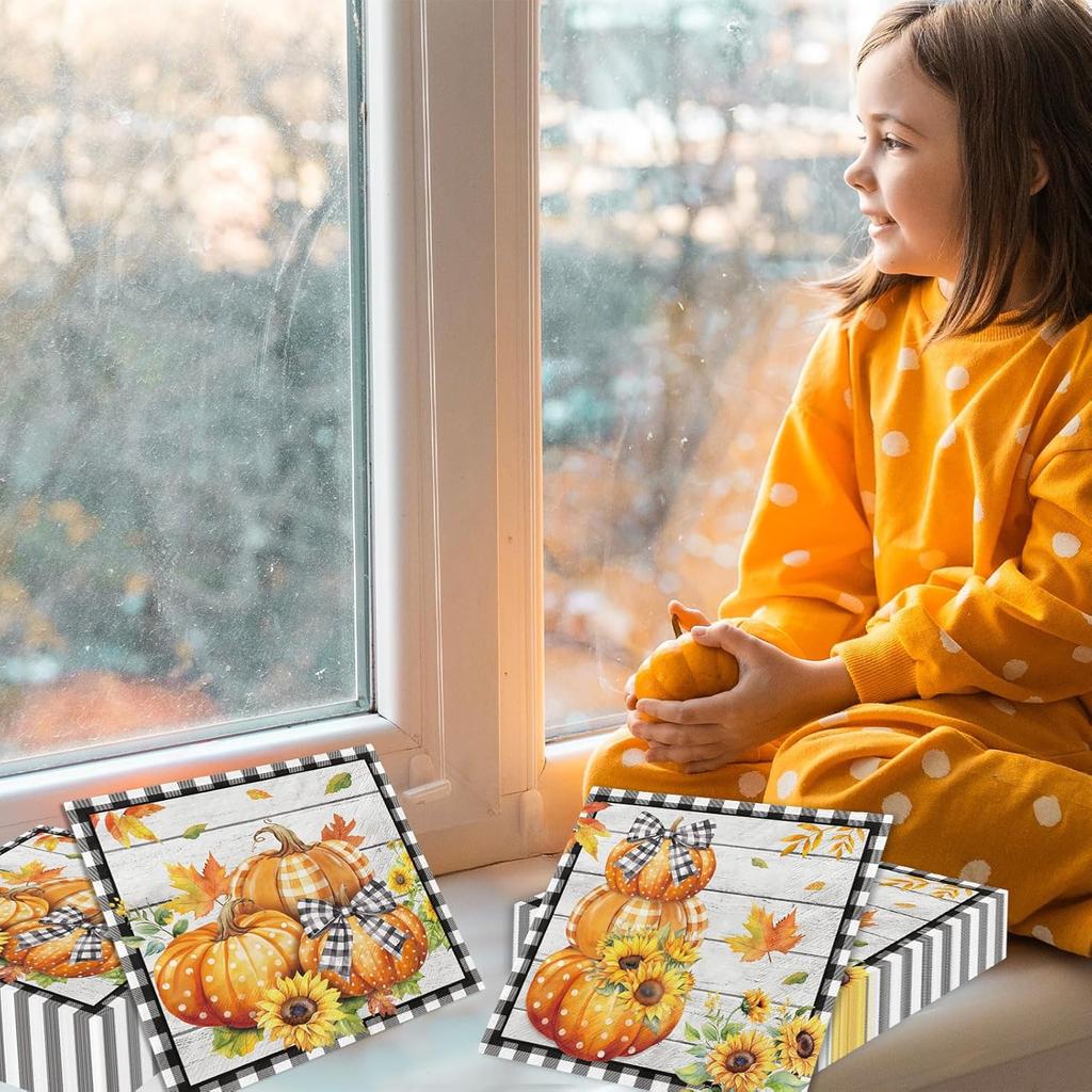 48Pcs Fall Pumpkin Paper Napkin,Fall Party Decorations Autumn Thanksgiving Party Napkin Black and White Buffalo Plaid Pumpkin Table Decorations for