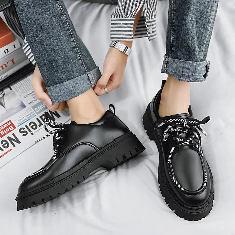 Men Sneakers British Style Leather Shoes for Men Thick Bottom Design Platform Black Lace Up Casual Loafer Shoe