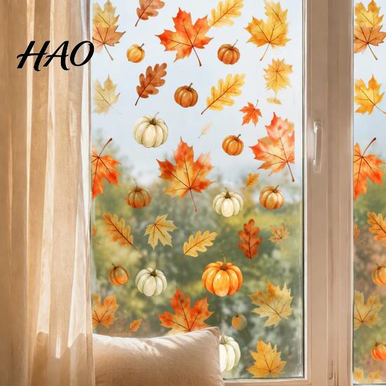 Harvest Theme Glass Decorations Watercolor Fall Static Window Clings, Maple Leaf & Pumpkin Removable Stickers, Autumn Creative Scene Stickers