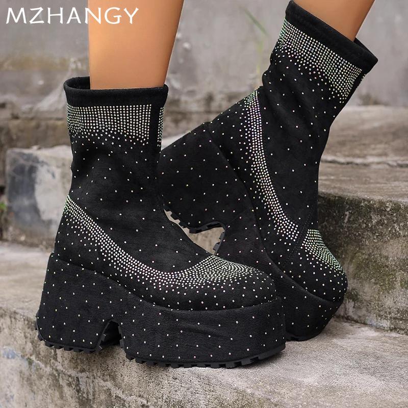 Модные женские ботильоны на платформе с кристаллами на высоком каблуке Desigenr Chunky Shoes Women 2025 Trend Winter Chelsea Boots New Goth Mujer Botas