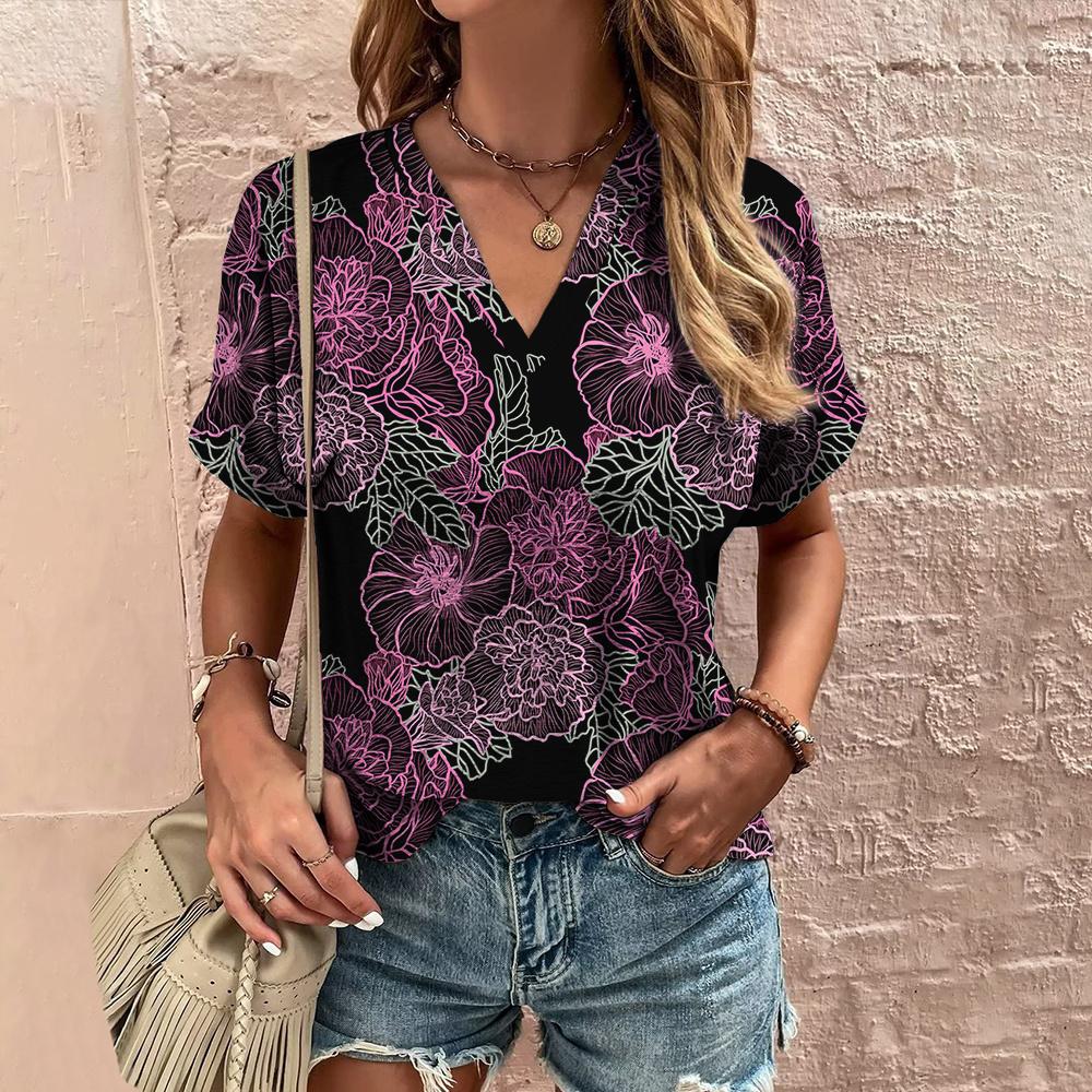 Retro Print Women's T Shirt Classic Floral Tees For Ladies Summer V-Neck Short Sleeve Tops Female Oversized Clothes Daily Blouse