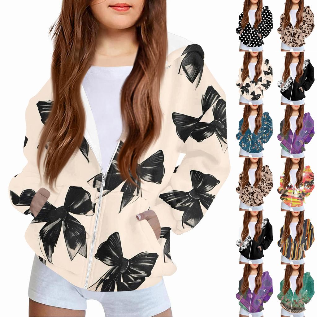 Детская мода Принтованная толстовка с капюшоном с длинными рукавами Куртка-худи для девочек