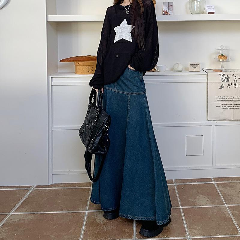 Women Denim High Waist Long Skirt Casual Patchwork A-line Maxi Skirts Elegant Autumn Winter