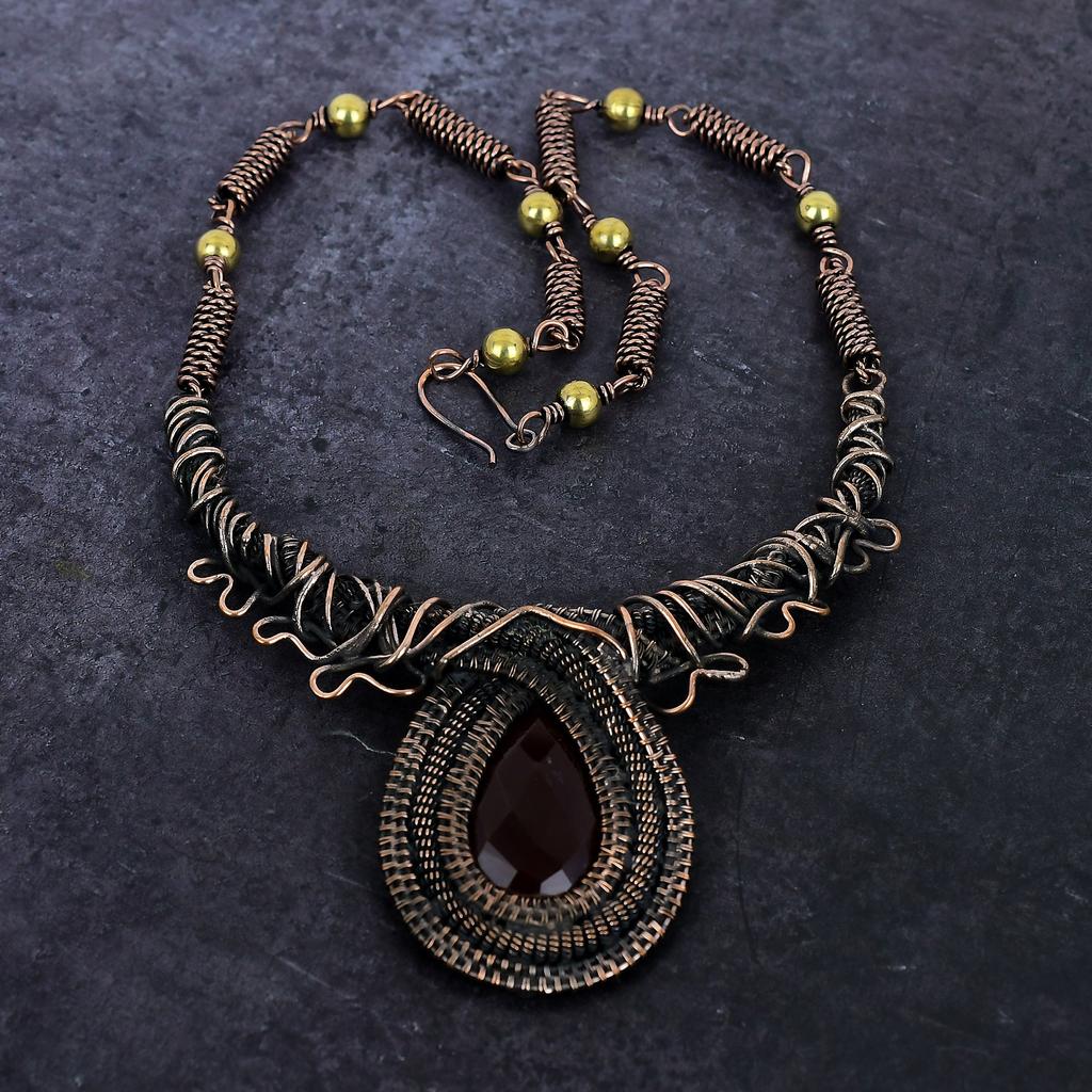 Kashmir Red Ruby Gemstone Handmade Copper Wire Wrap Jewelry Necklace 18" Y6M73