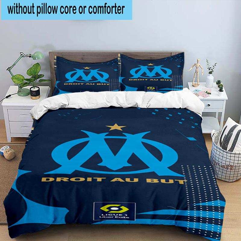 3pcs Olympique Football Crest Printed Bedding Set Duvet Cover Closure Includes 1 Duvet Cover & 2 Pillowcases Bedding Sets Home Decor Gifts
